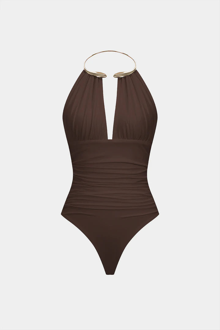 Bodysuit with metallic details, halter neck and open back