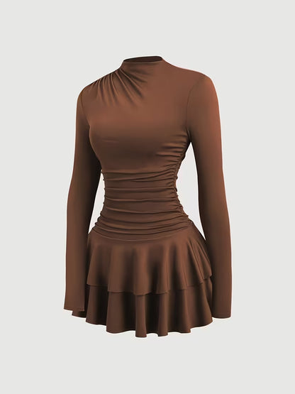 Elegant Pleated Halter Dress with Long Sleeves