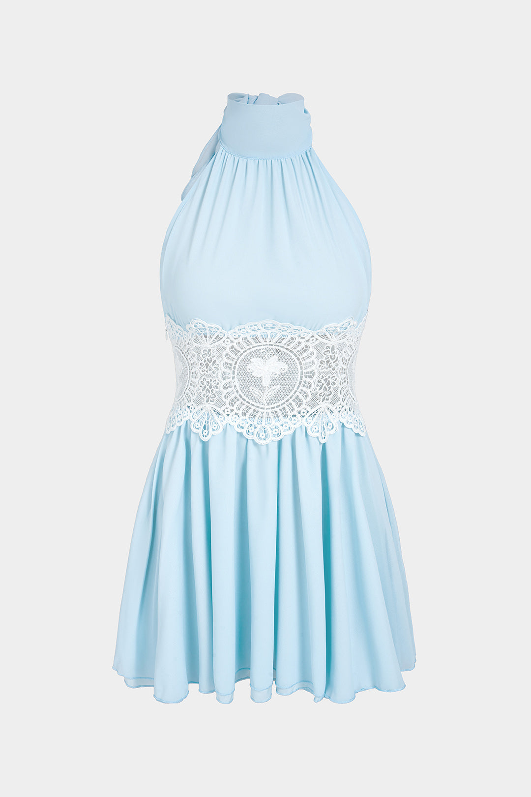 Chiffon patchwork minijurk met kant, halternek en strik