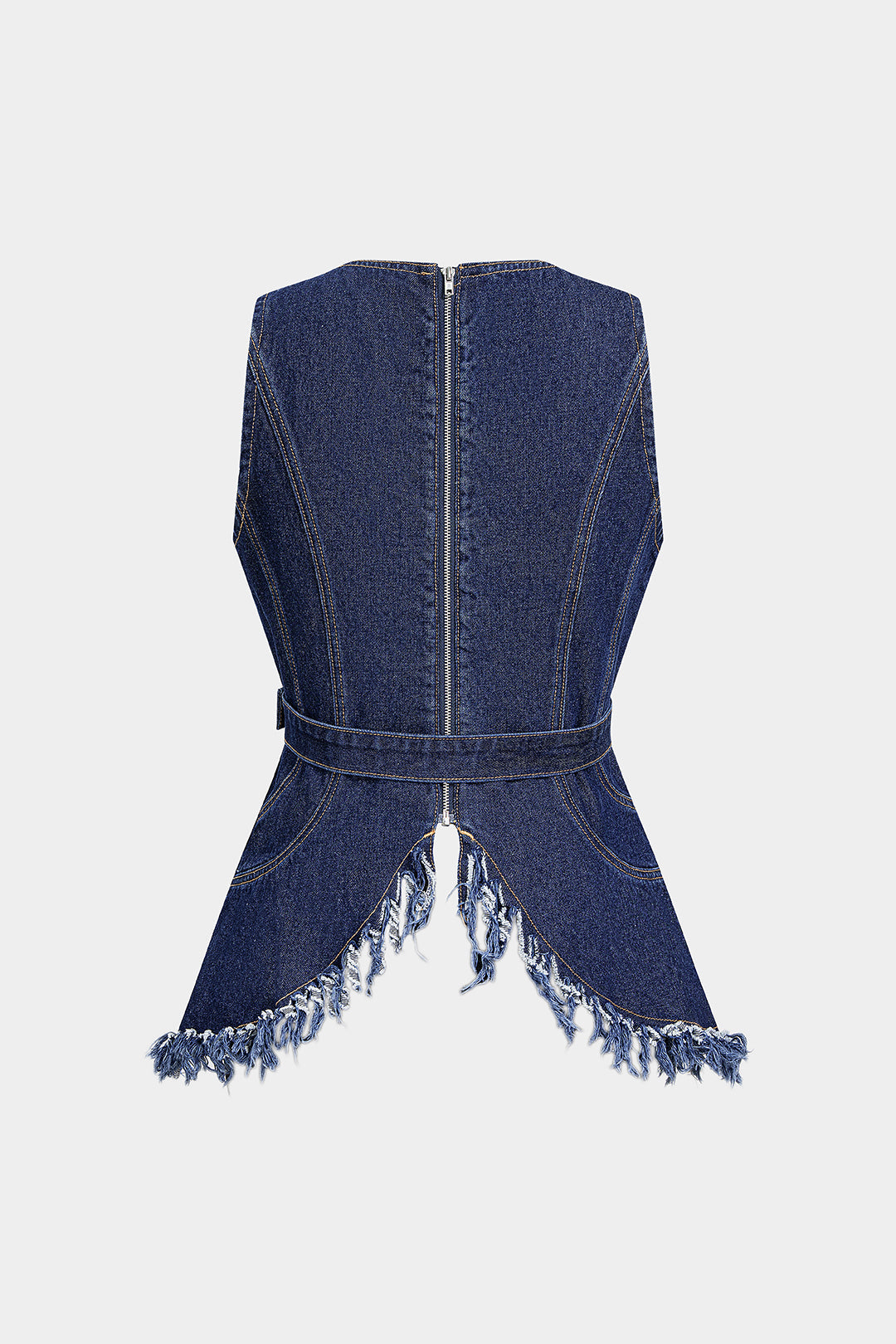 Denim metallic tanktop met rafelrand, riem en rits
