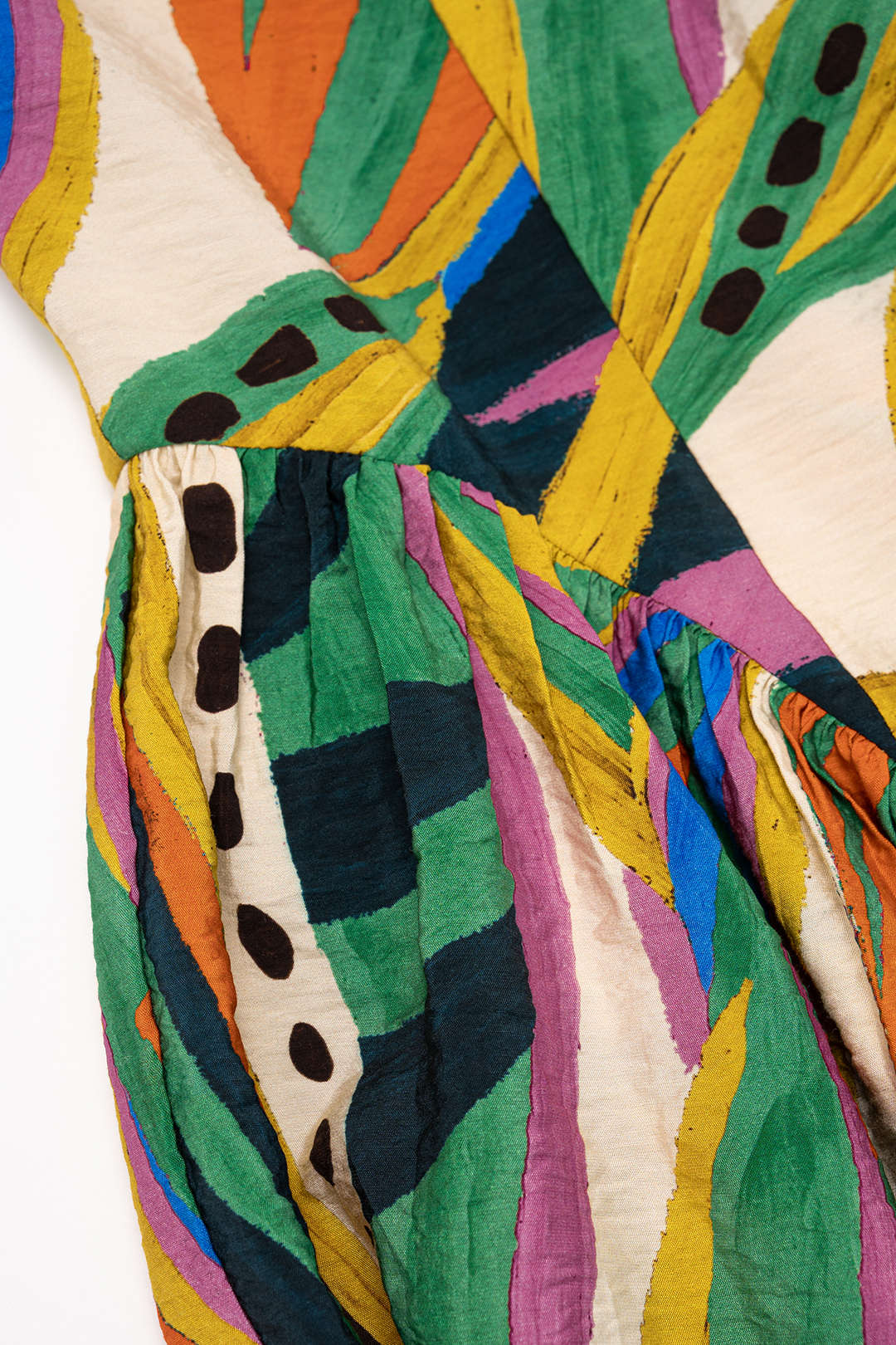 Abstracte print mouwloze maxijurk met ruches