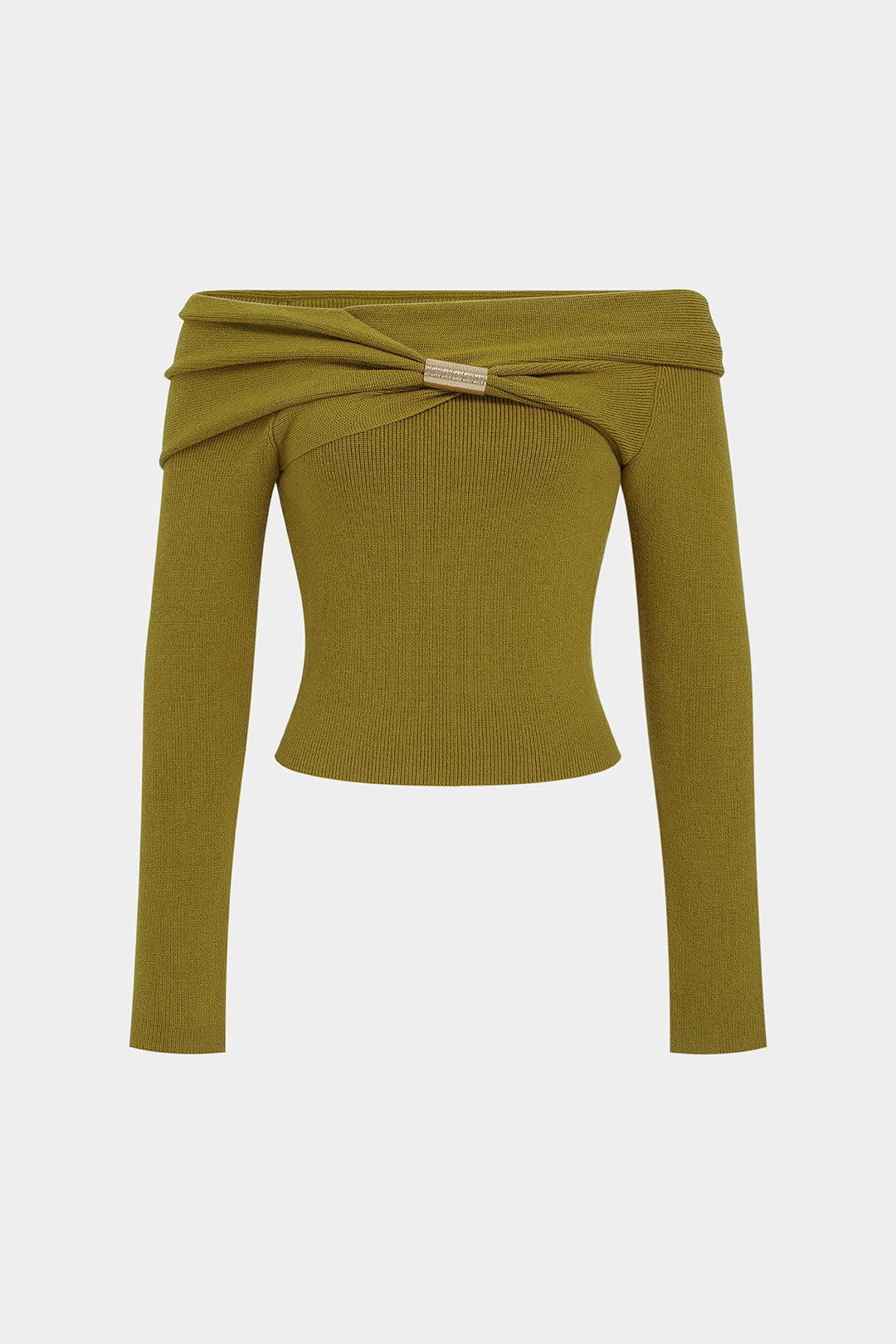 Gebreide metallic top met blote schouders en ruches