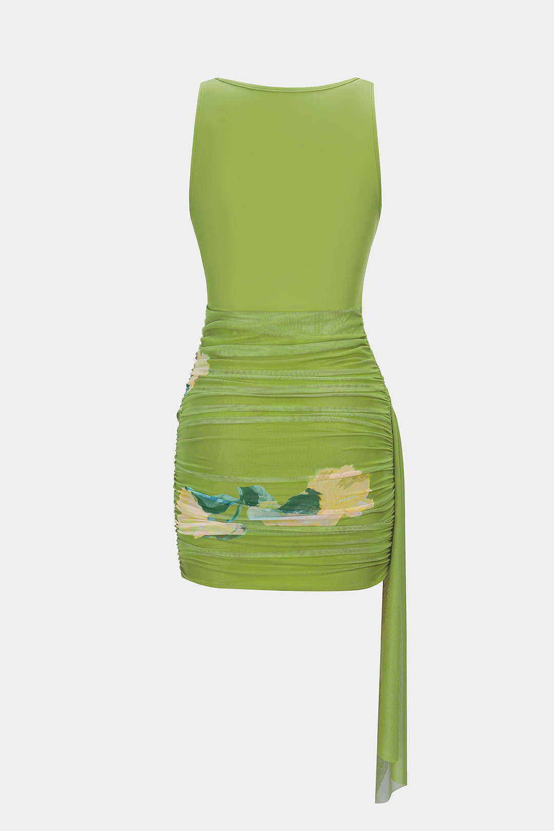 Bloemenprint mesh minijurk met ronde hals en ruches