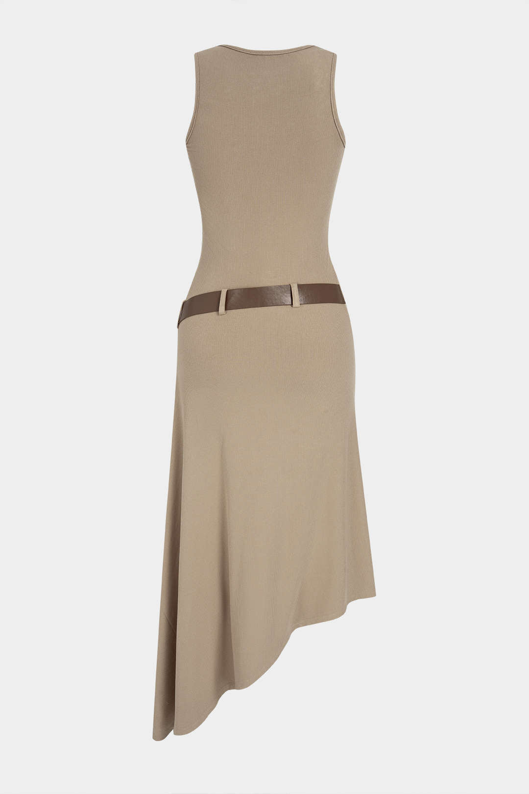 Asymmetrische mouwloze midijurk met ronde hals en riem
