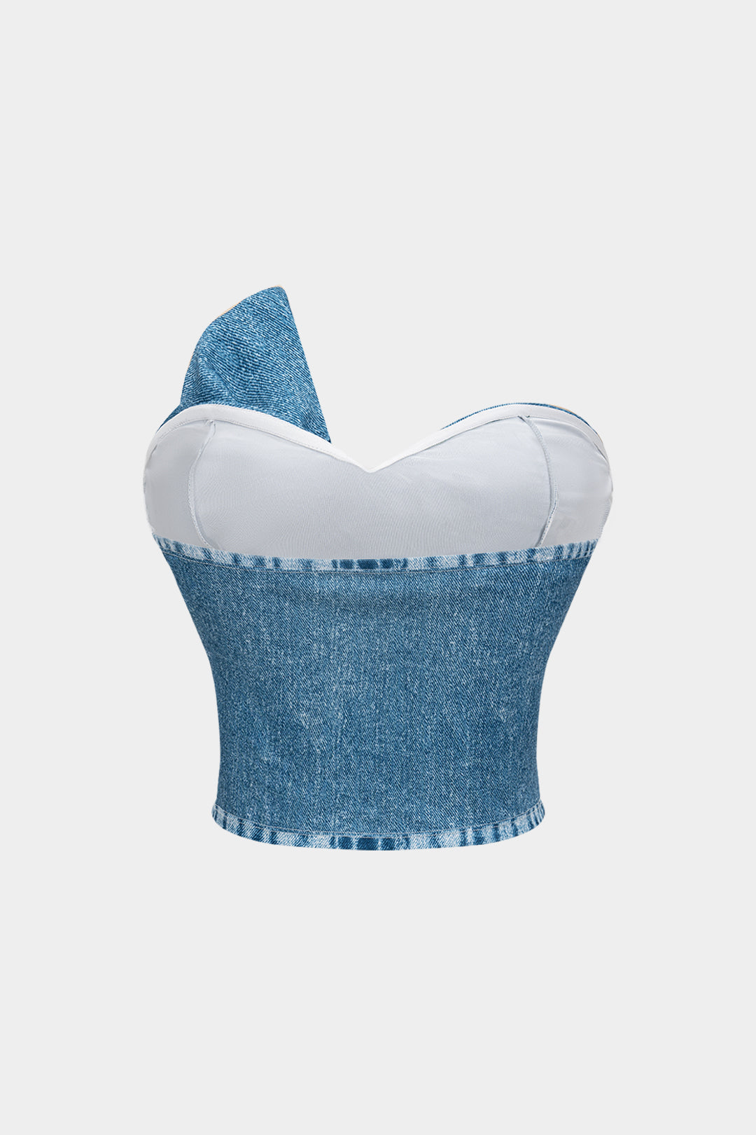 Denim asymmetrische strapless top met gedraaid detail