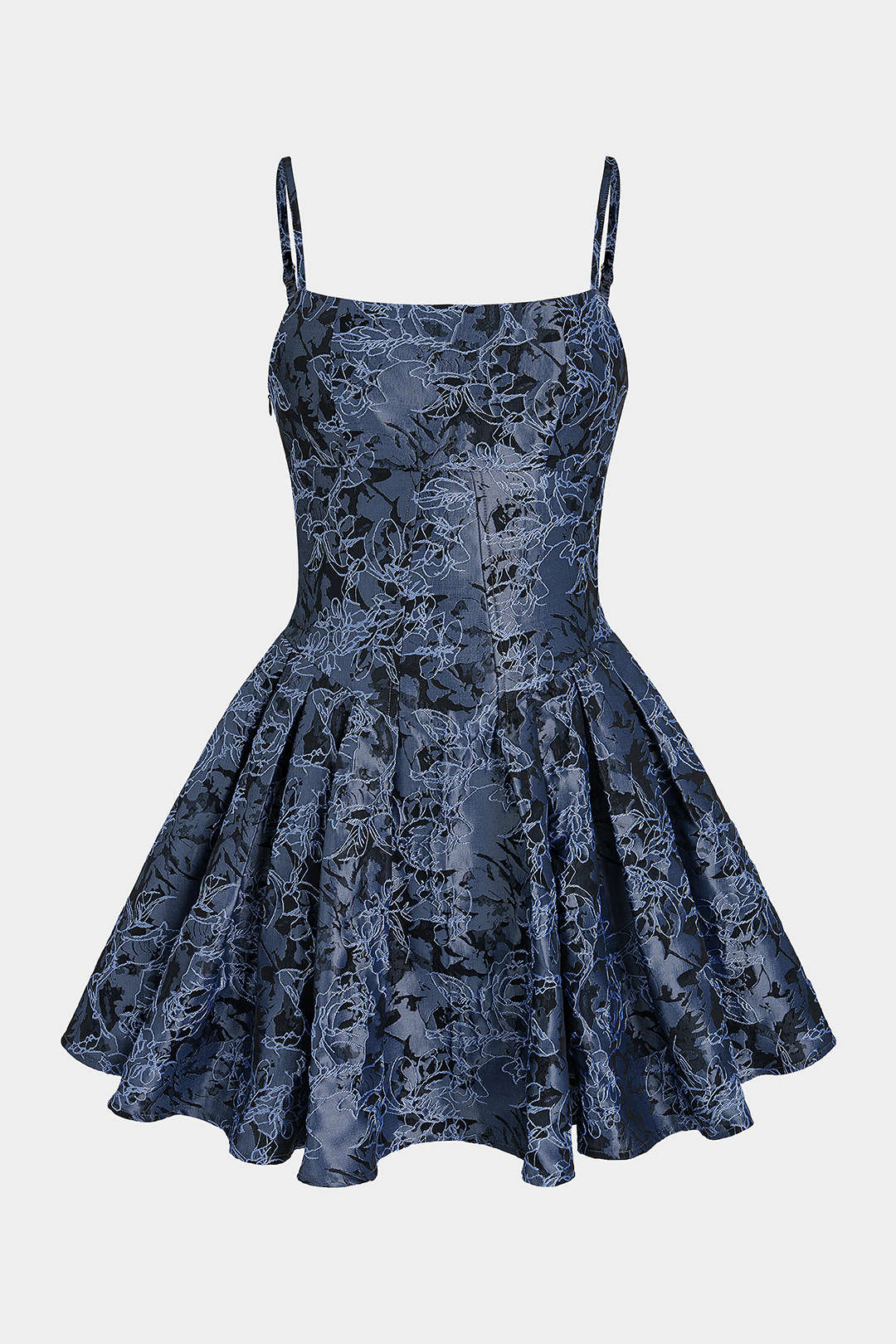 Jacquard mouwloze minijurk met spaghettibandjes en ruches