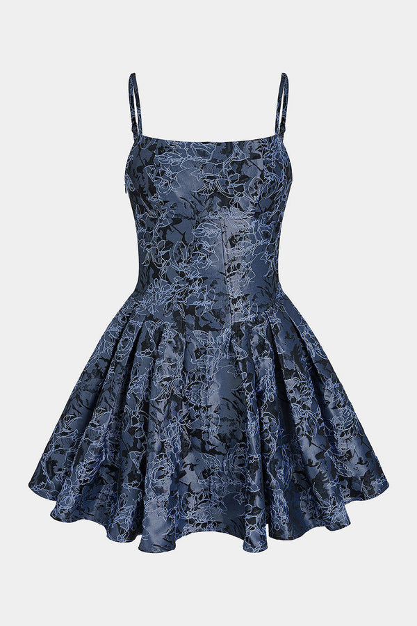 Jacquard mouwloze minijurk met spaghettibandjes en ruches