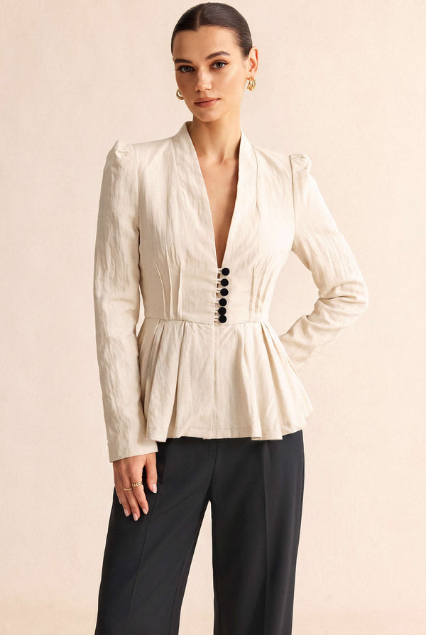 Blazer met V-hals, ruches en knoopjes