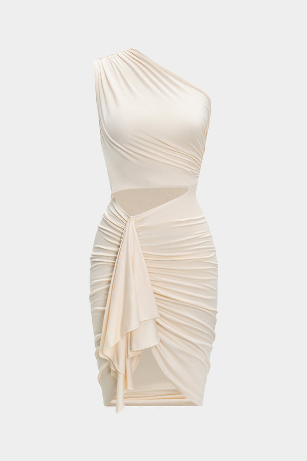 Asymmetrische midijurk met ruches en uitsnijding