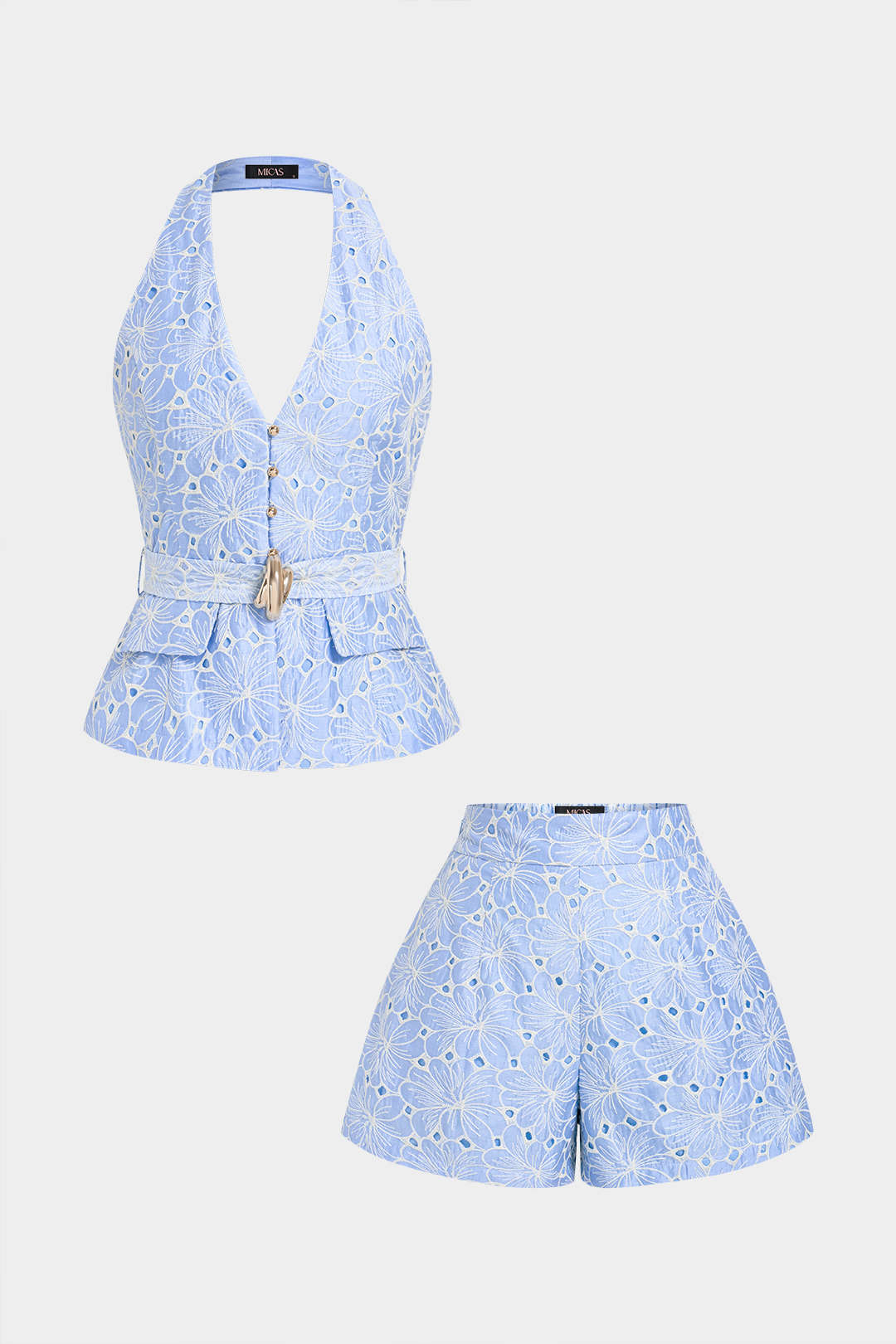 Bloemenprint gestructureerde tanktop met halternek en V-hals