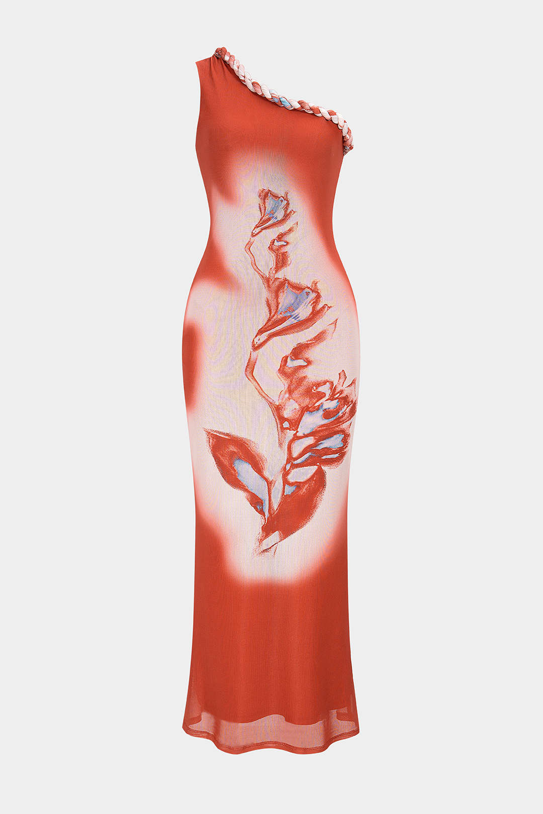 Bloemenprint mesh maxijurk met één schouder