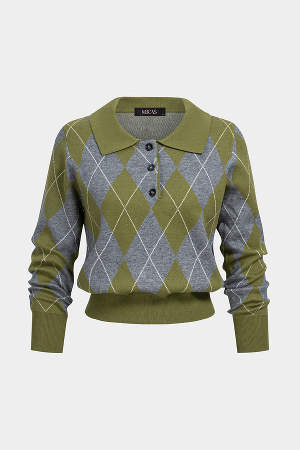 Gebreide geometrische top met revers en lange mouwen
