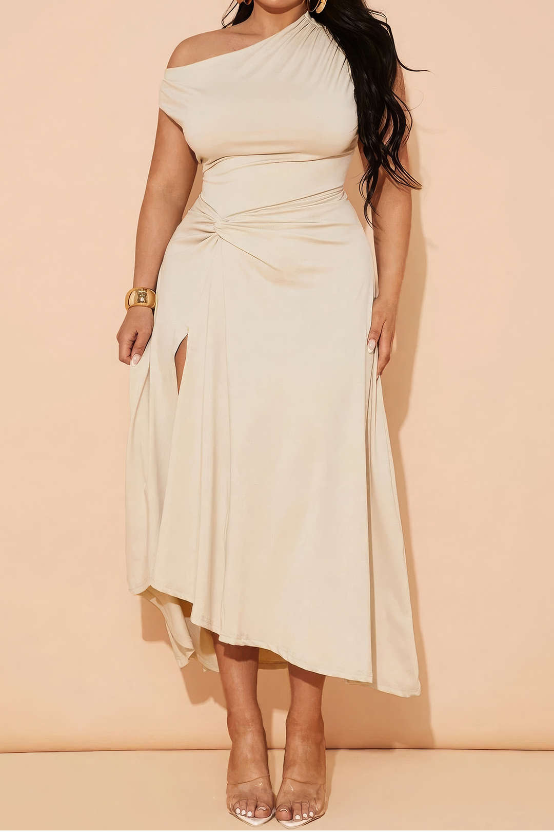 Hailey - Asymmetrische mouwloze midijurk met ruches