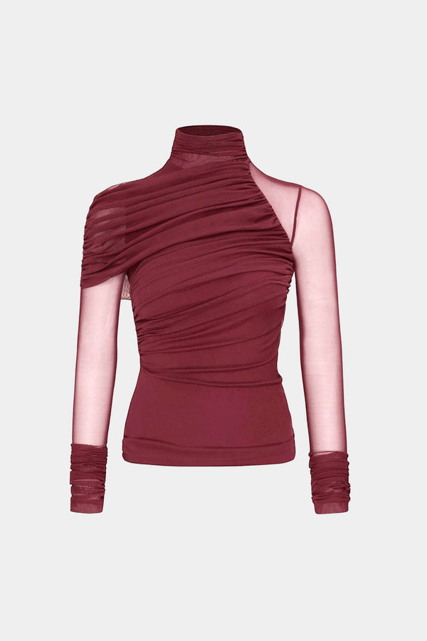 Mesh asymmetrische top met opstaande kraag en ruches