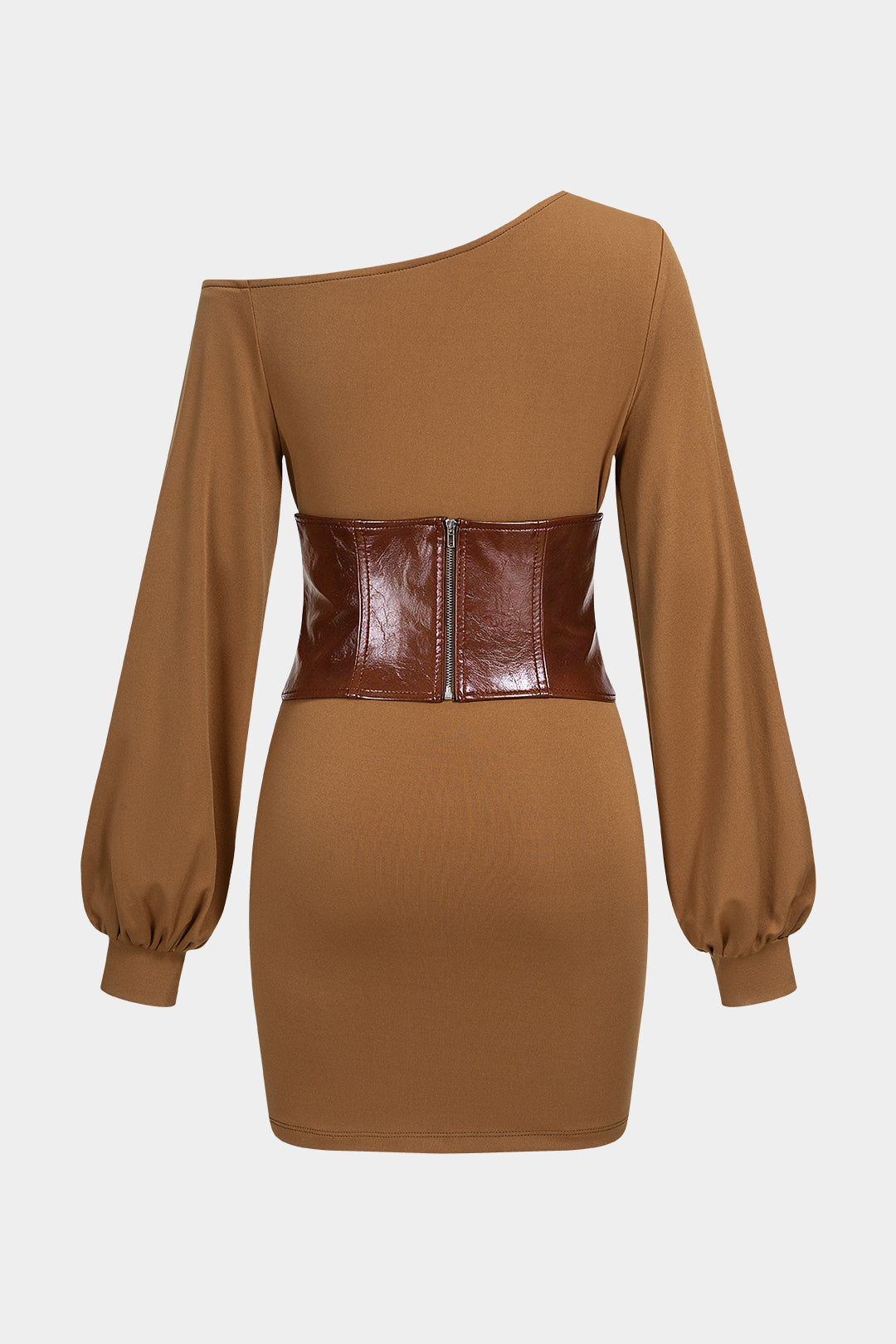 Leren-look patchwork minijurk met één schouder en ruches