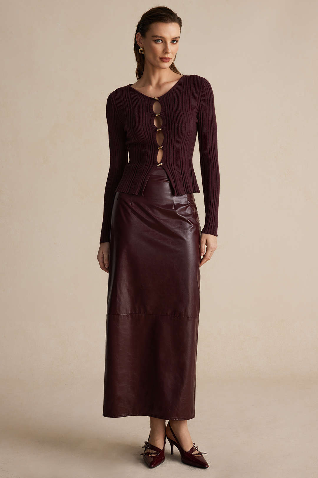 Effen leren-look midirok