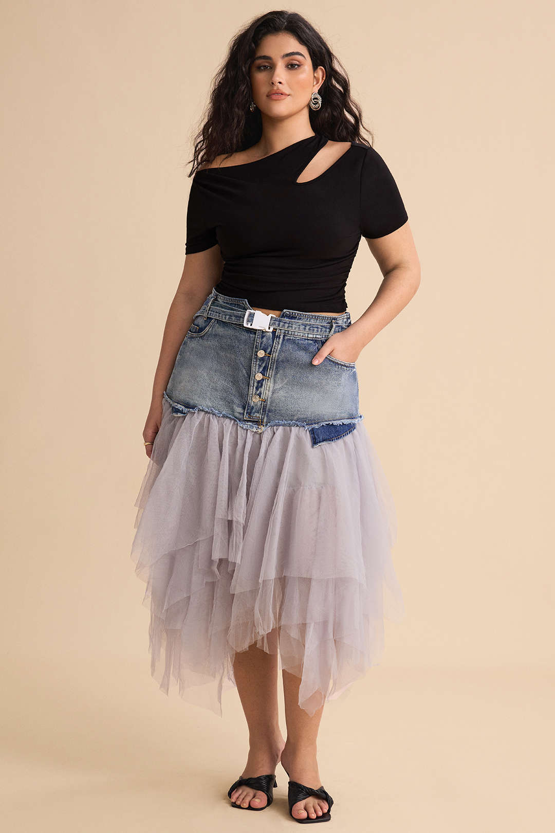 Denim mesh rok met hoge taille