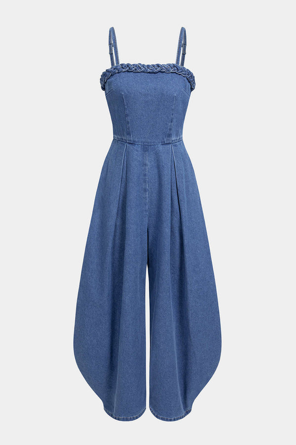 Denim mouwloze jumpsuit met spaghettibandjes