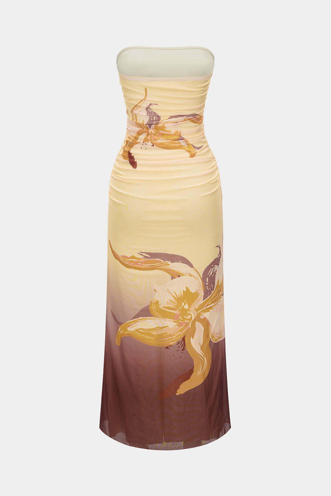 Bloemenprint mesh midijurk met ruches en strapless pasvorm