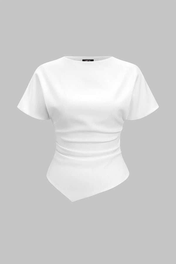 Effen asymmetrische blouse met ruches en korte mouwen