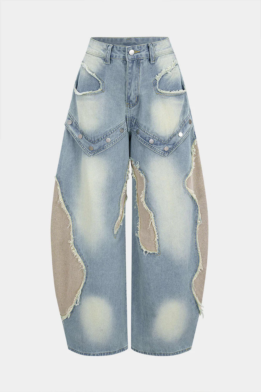 Patchwork Denim Jeans with Frayed Details and Straight Legs