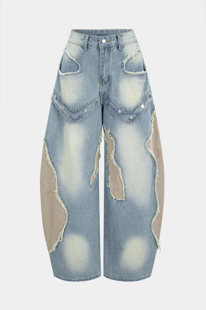 Patchwork Denim Jeans with Frayed Details and Straight Legs