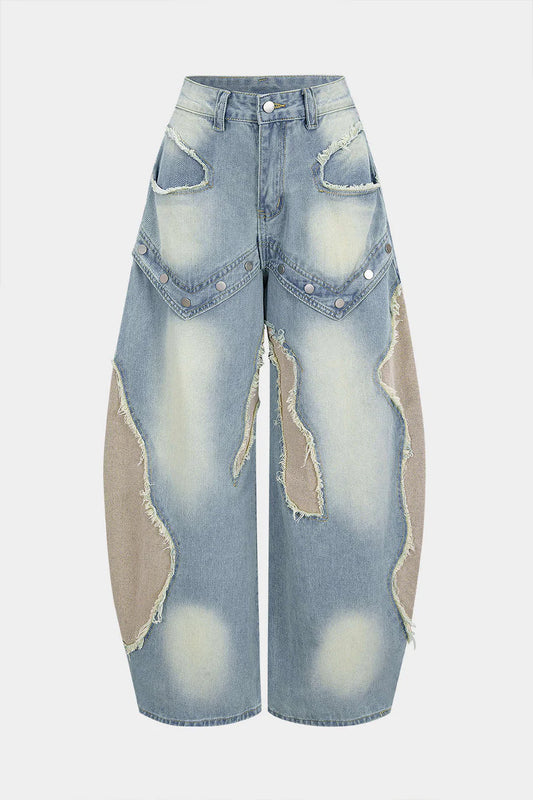 Patchwork Denim Jeans with Frayed Details and Straight Legs