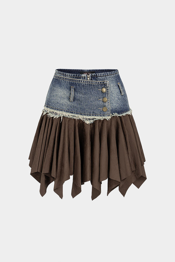 Denim patchwork rok met rafelrand, ruches en hoge taille