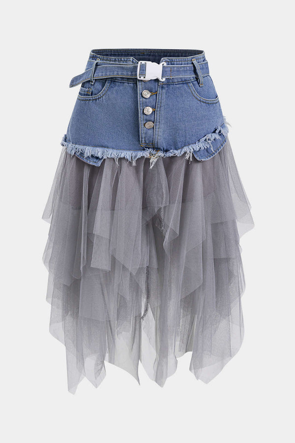 Denim mesh rok met riem, knoopjes en zakken