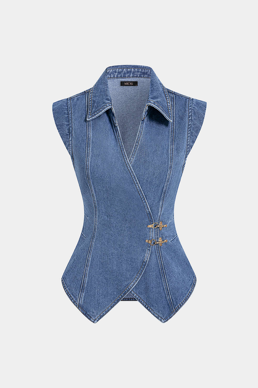 Denim gilet met revers, V-hals en wikkelmodel