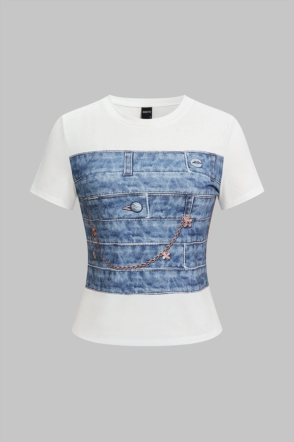 Denim T-shirt met ronde hals en korte mouwen