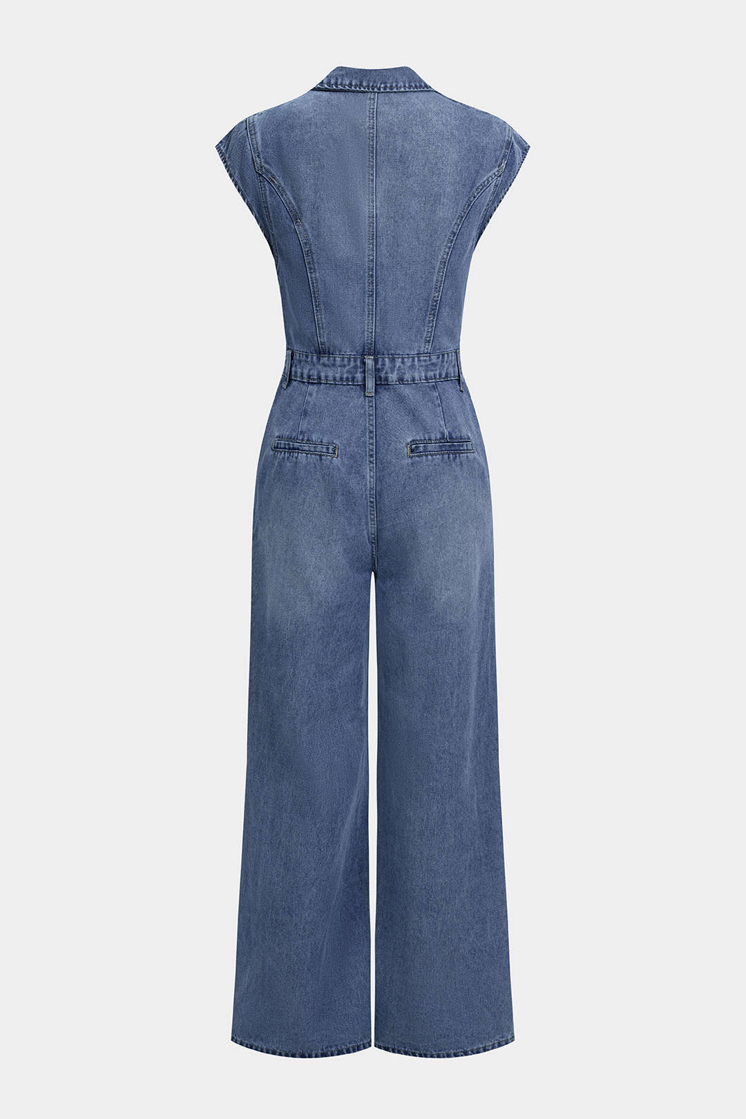 Denim mouwloze jumpsuit met V-hals en wijde pijpen