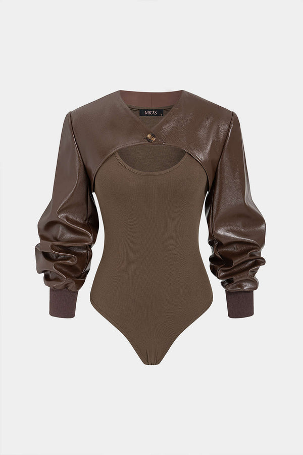 Mouwloze leren-look top met ronde hals en lange mouwen