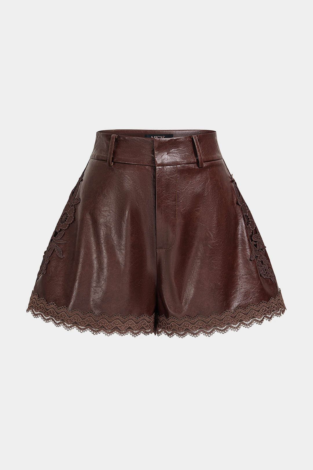 Leren-look patchwork short met kanten rand en hoge taille