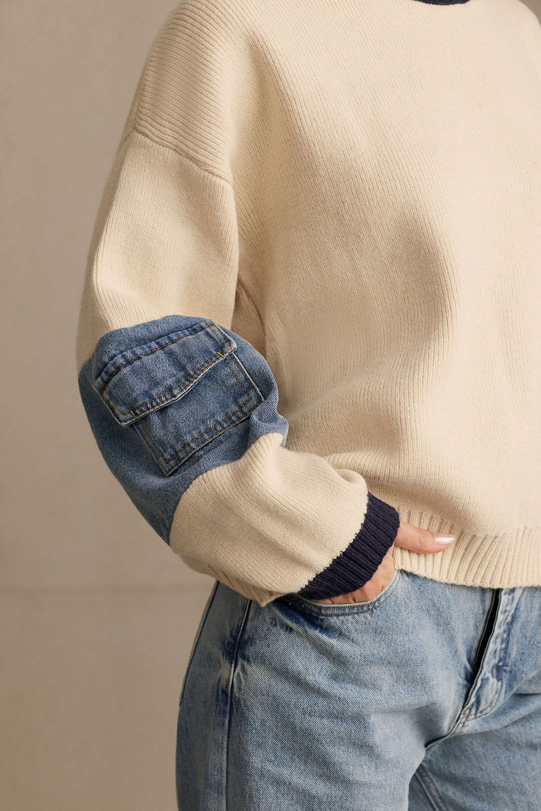 Gebreide denim top met lange mouwen