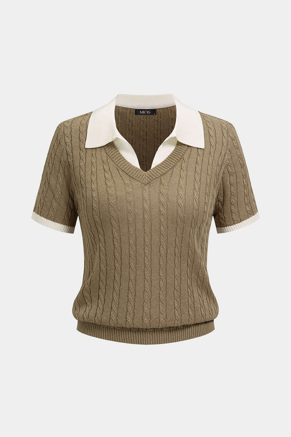 Gebreide top met revers en korte mouwen