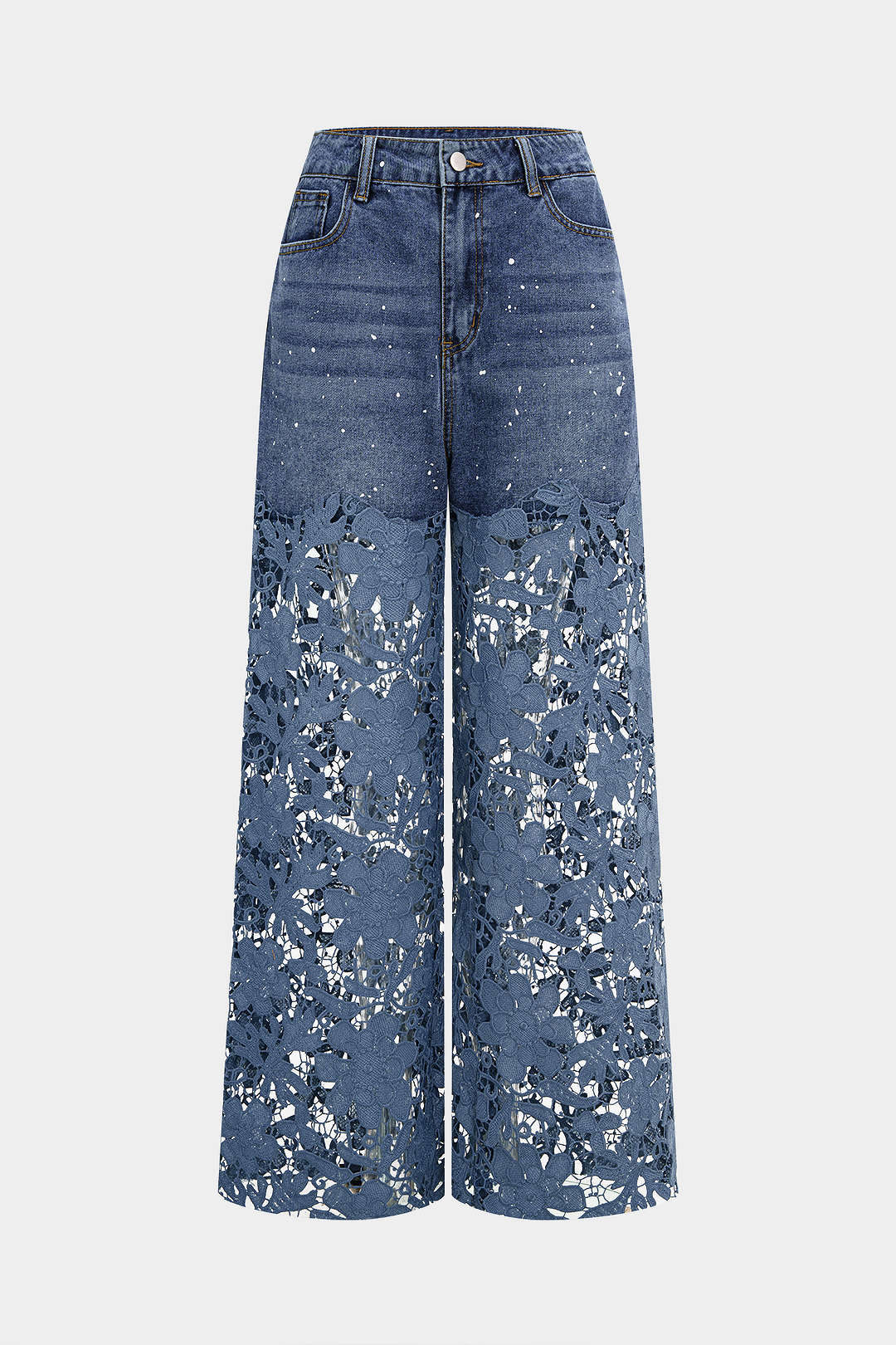 Patchwork jeans met kant, uitsnijding en wijde pijpen