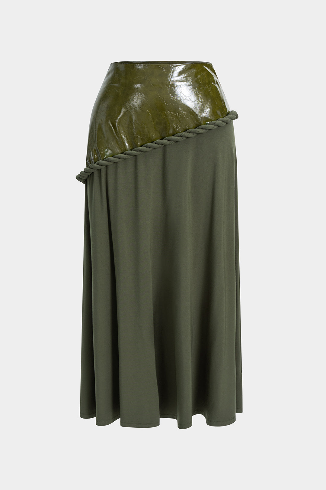 Leren-look patchwork rok met gedraaid detail en knoopdetail