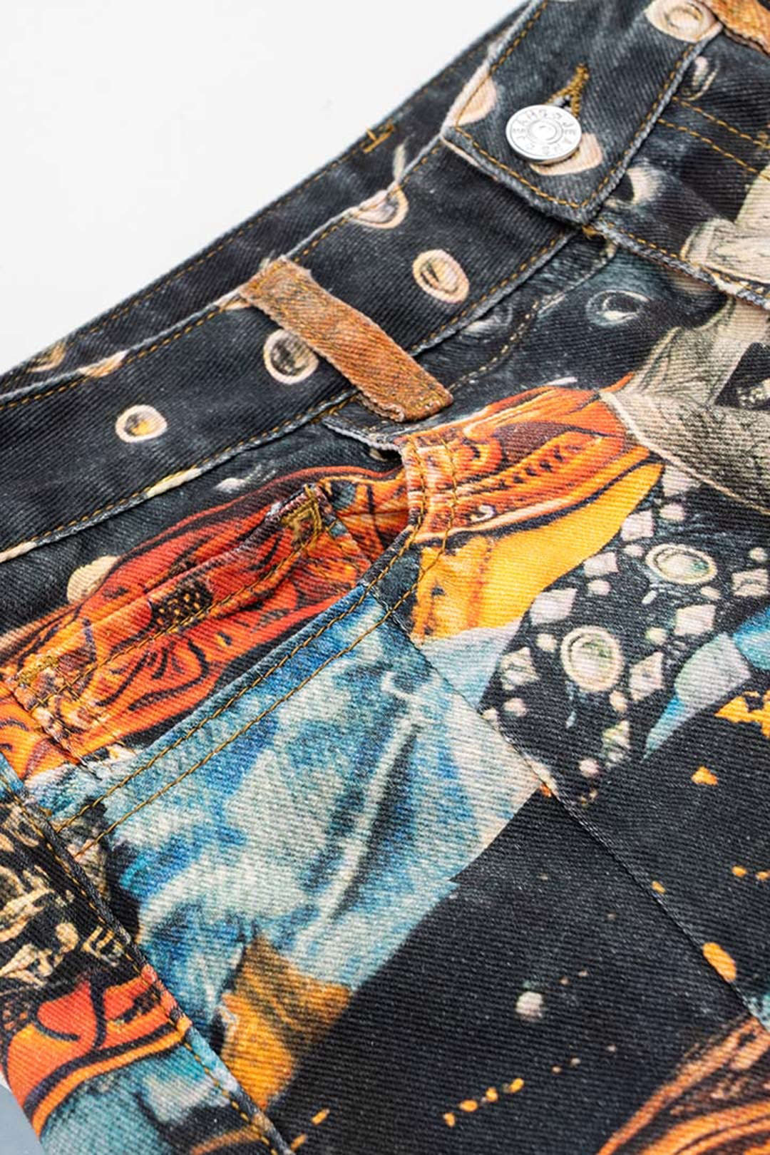 Abstracte print denim broek met rits en hoge taille