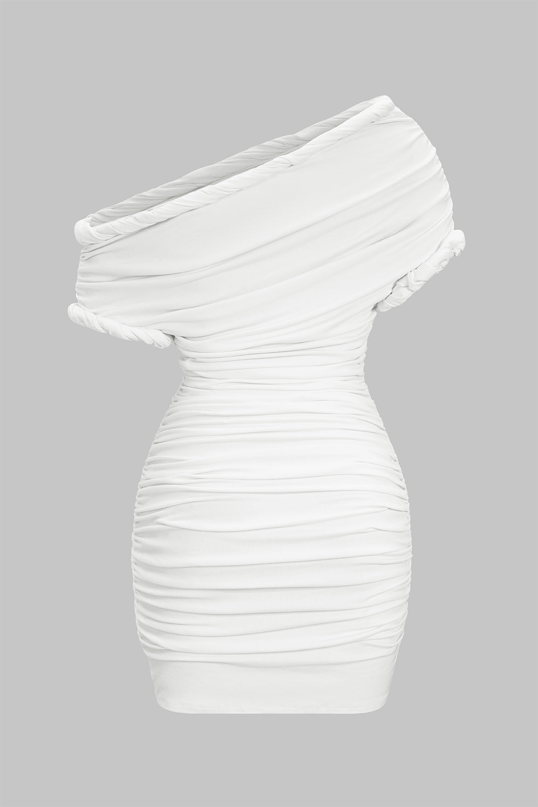 Asymmetrische minijurk met ruches en gedraaid detail