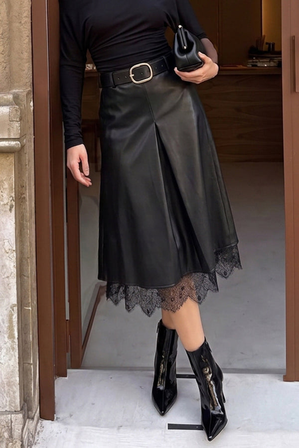 Leren-look rok met kanten rand