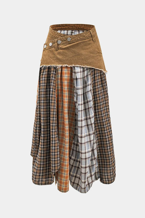 Asymmetrical denim skirt with color blocks and plaid print