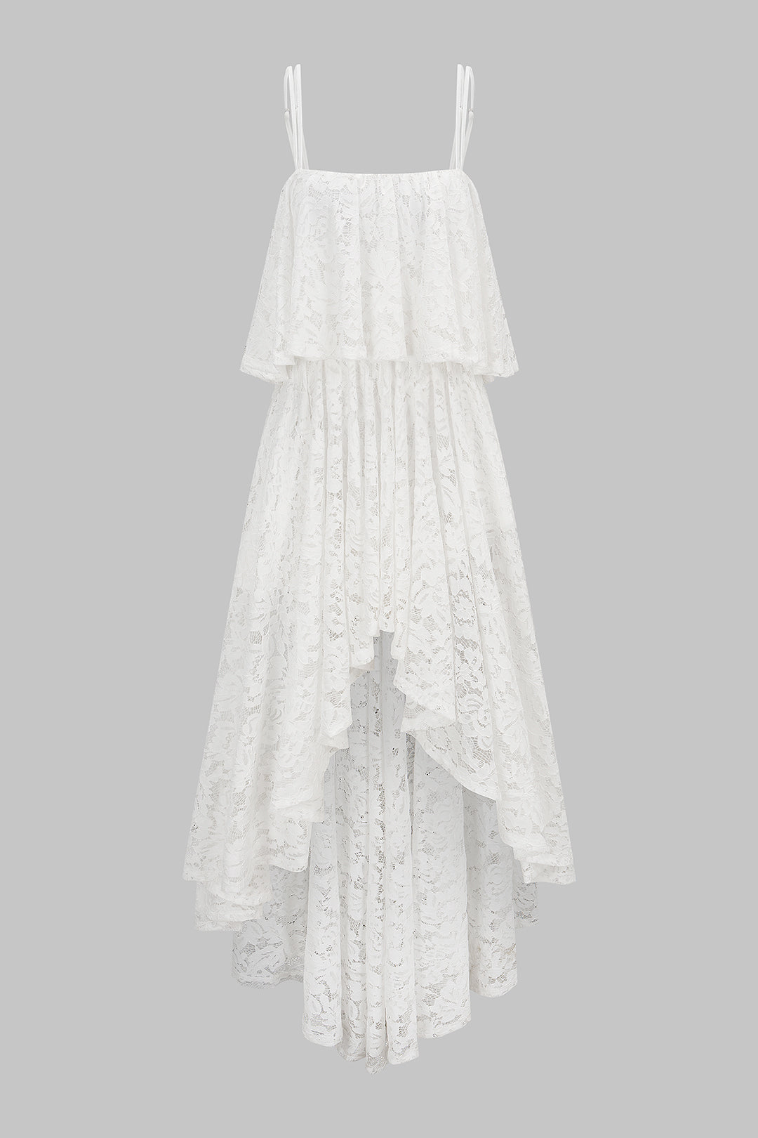 Asymmetrische mouwloze midijurk met kant, open rug en ruches