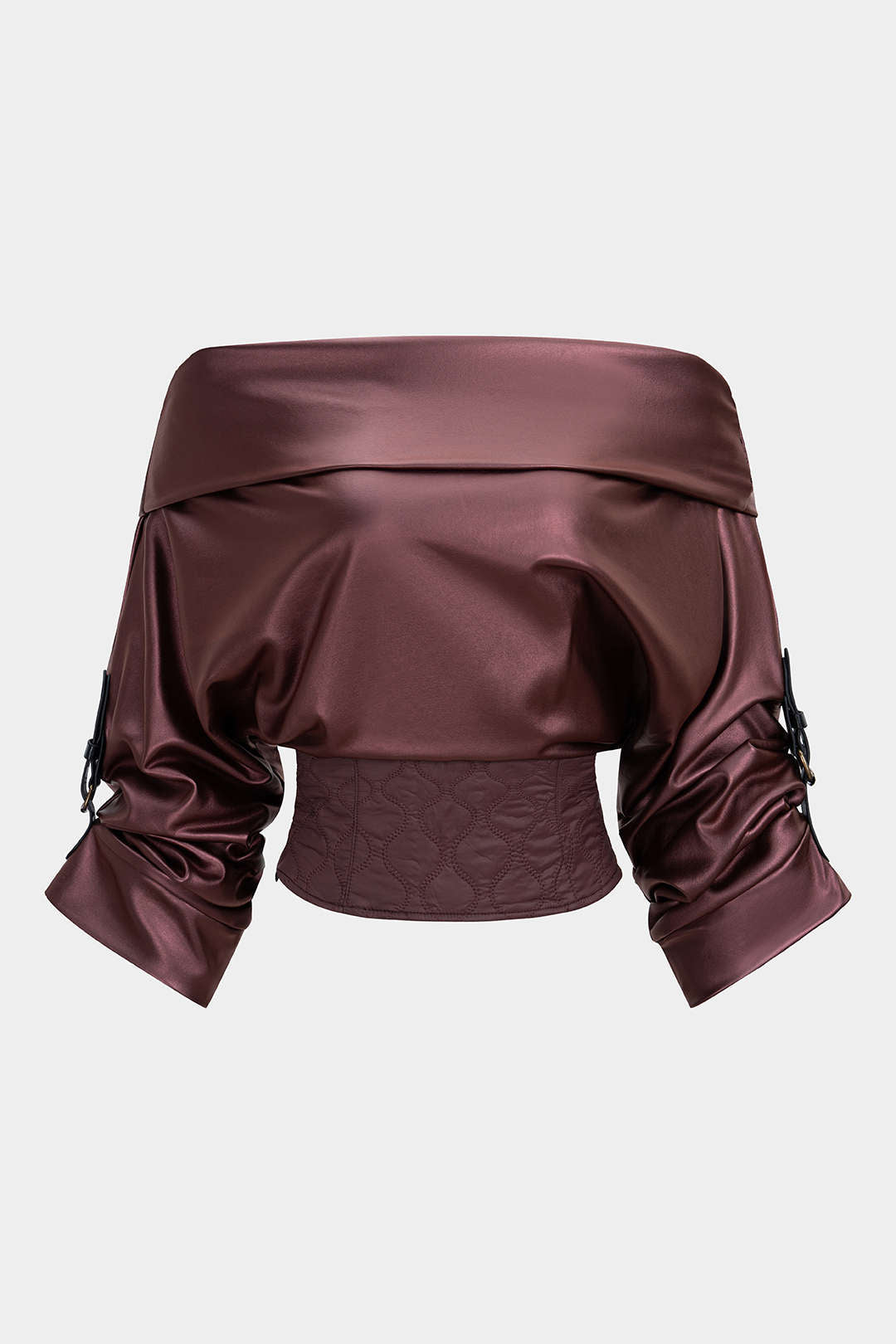 Leren-look doorgestikte blouse met blote schouders
