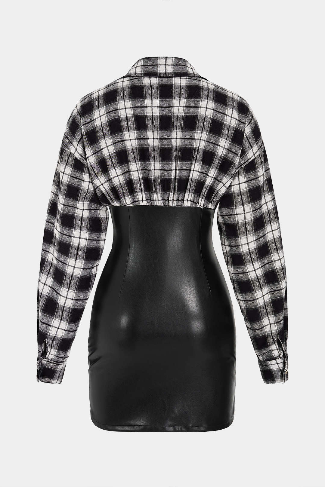 Patchwork leren-look minijurk met V-hals en lange mouwen