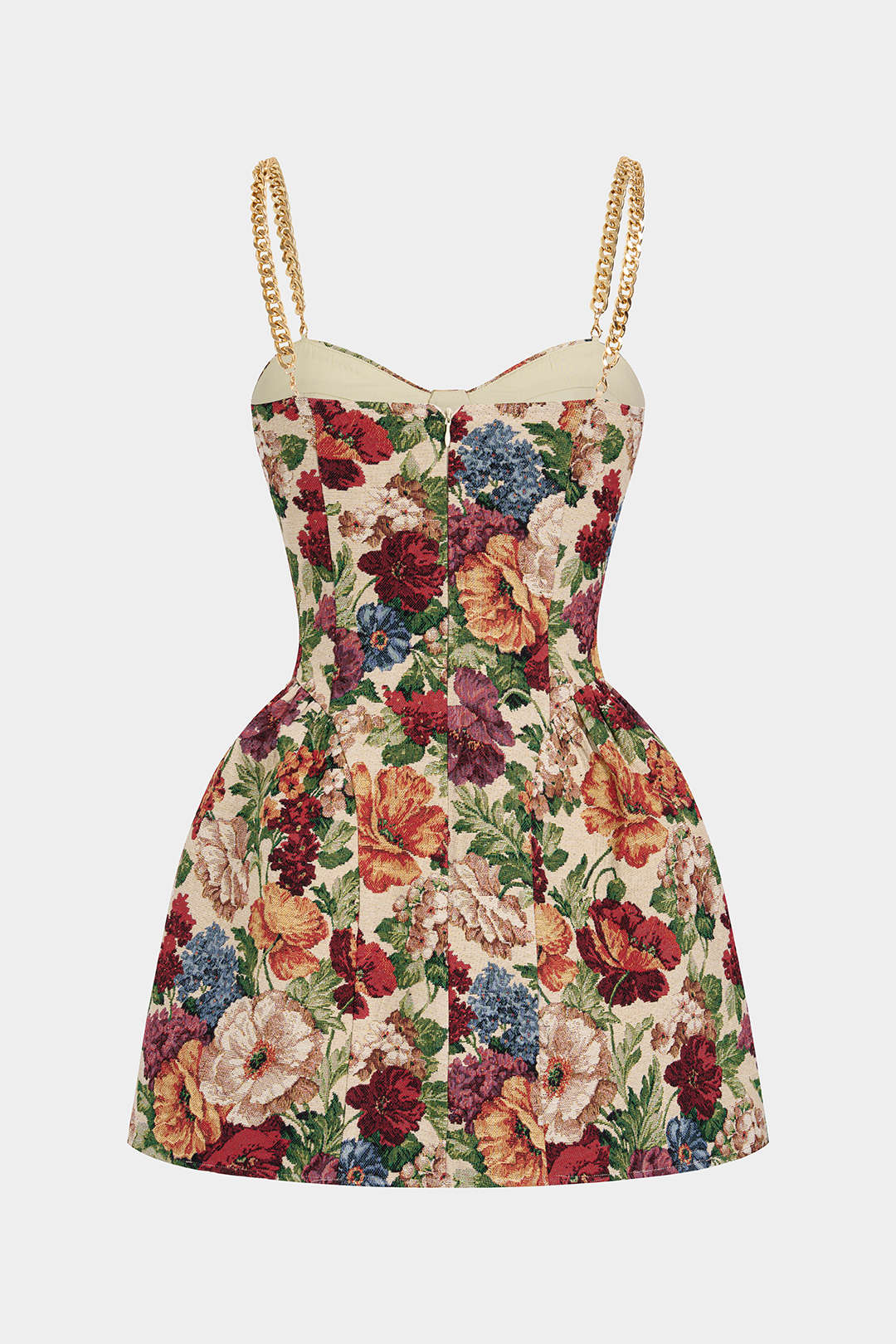 Bloemenprint metallic minijurk met kettingdetail