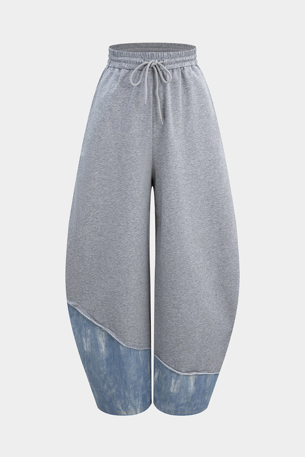 Denim patchwork broek met trekkoord
