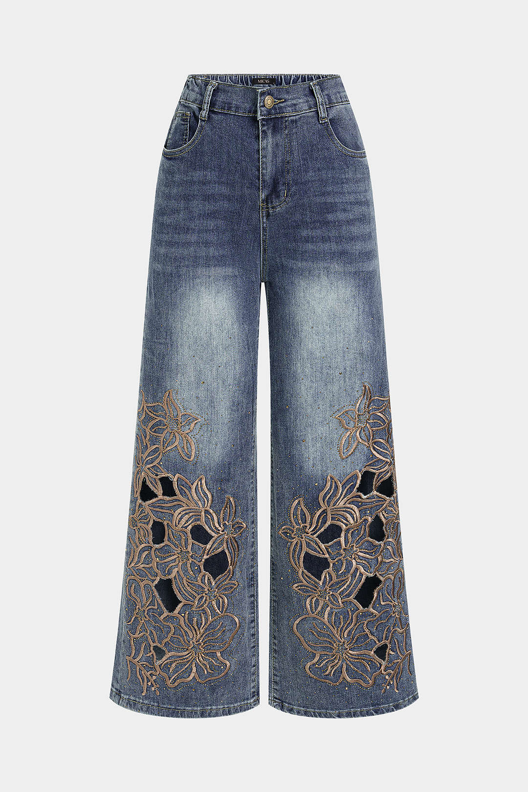 Jeans met borduursel, strass en uitsnijding
