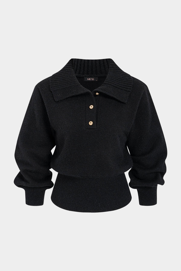 Gebreide metallic top met revers, knoopjes en lange mouwen