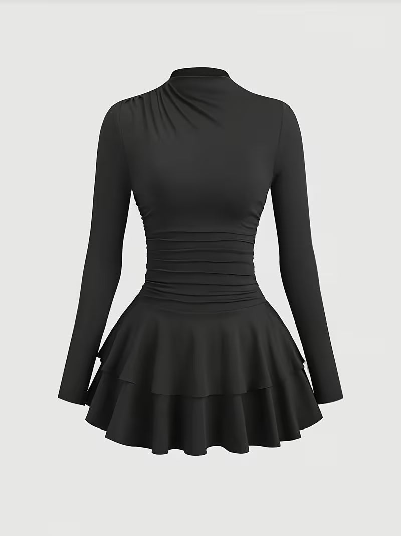 Elegant Pleated Halter Dress with Long Sleeves